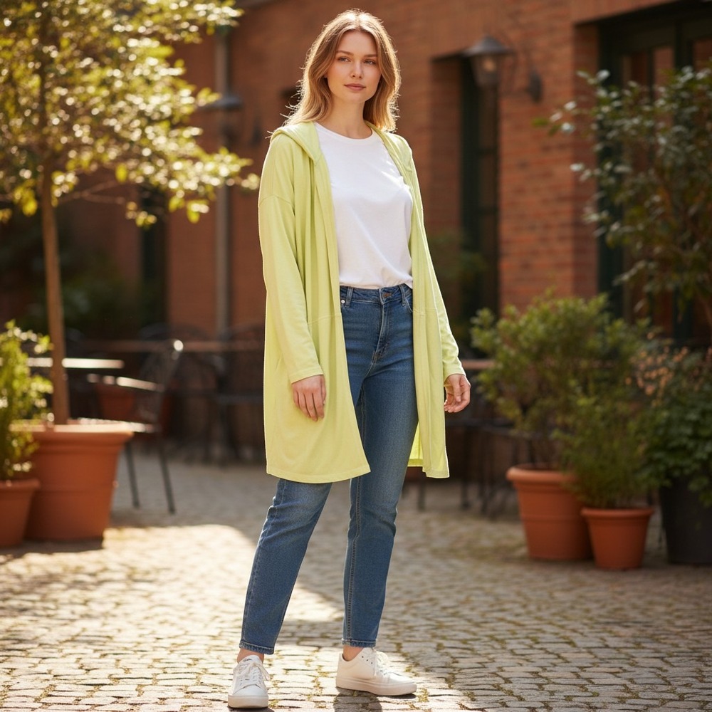 Eileen Fisher Womens Large Chartreuse  Cotton Lycra Hooded Long Cardigan J116